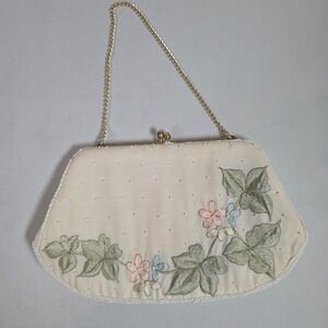 Vintage Cream Satin Embroidered Floral Seed Bead Clutch Evening Bag Gold Chain
